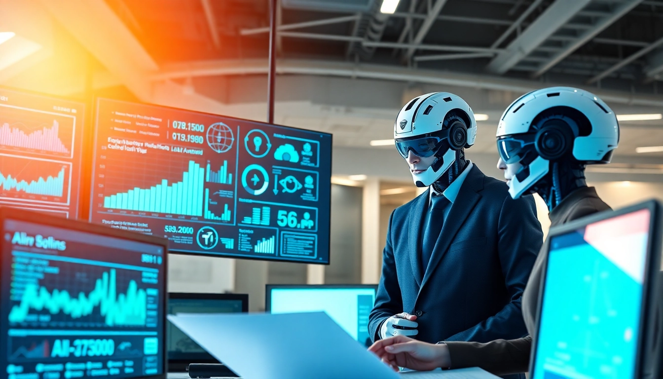 AI agents interacting with technology in a modern office, showcasing teamwork.
