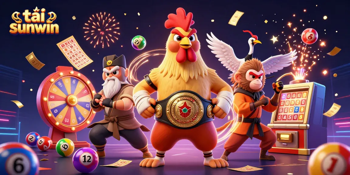 Engage in the vibrant world of tải sunwin with a lively 3D scene showcasing a rooster, monkey, and crane amid dynamic gaming elements.