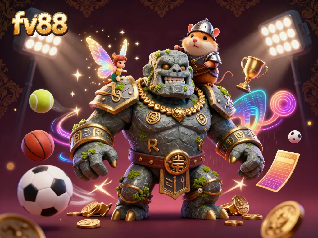 Experience the thrill of sports betting at fv88 with an enchanting golem and hamster knight amid dynamic action.