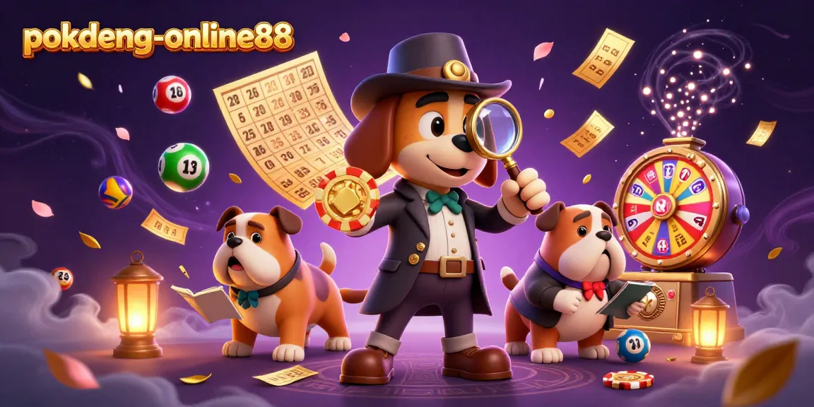 Engage with pokdeng-online88 as a detective dog examines a glowing poker chip surrounded by lively casino elements.