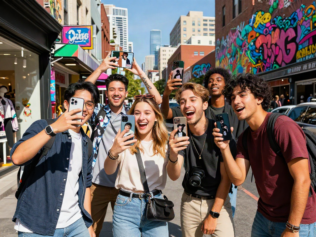 Friends using a celebrity look alike app to compare their doppelgangers in an urban setting.
