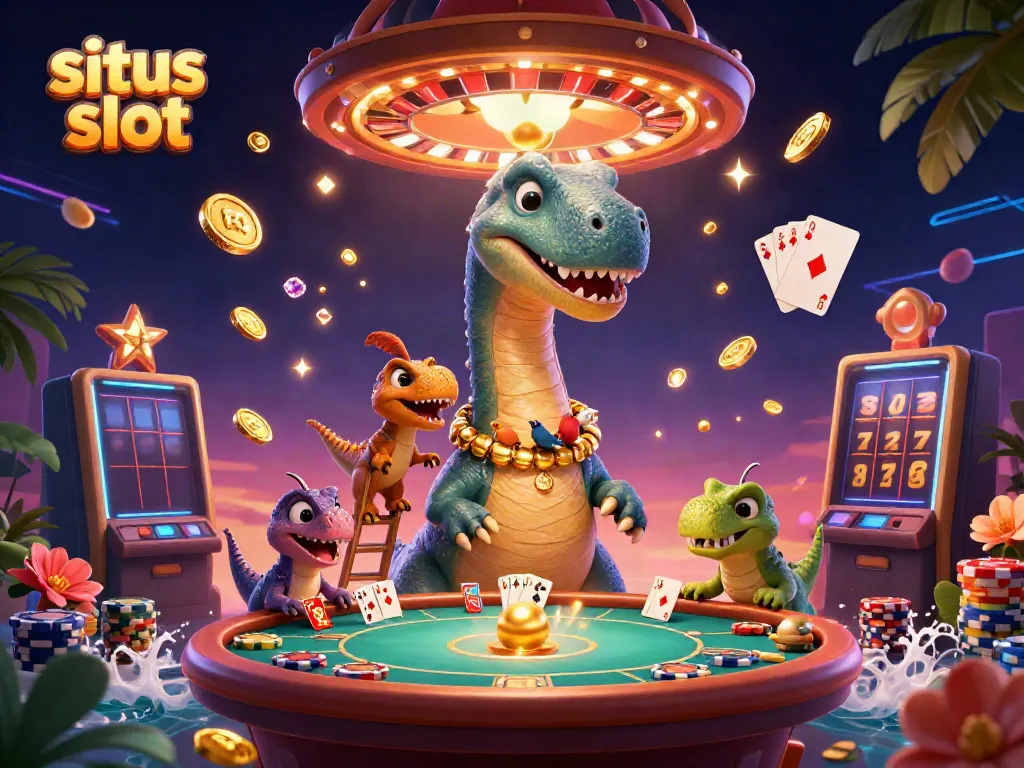 Sousands of golden coins and sparkles animate a lively situs slot scene with dinosaurs and poker action.