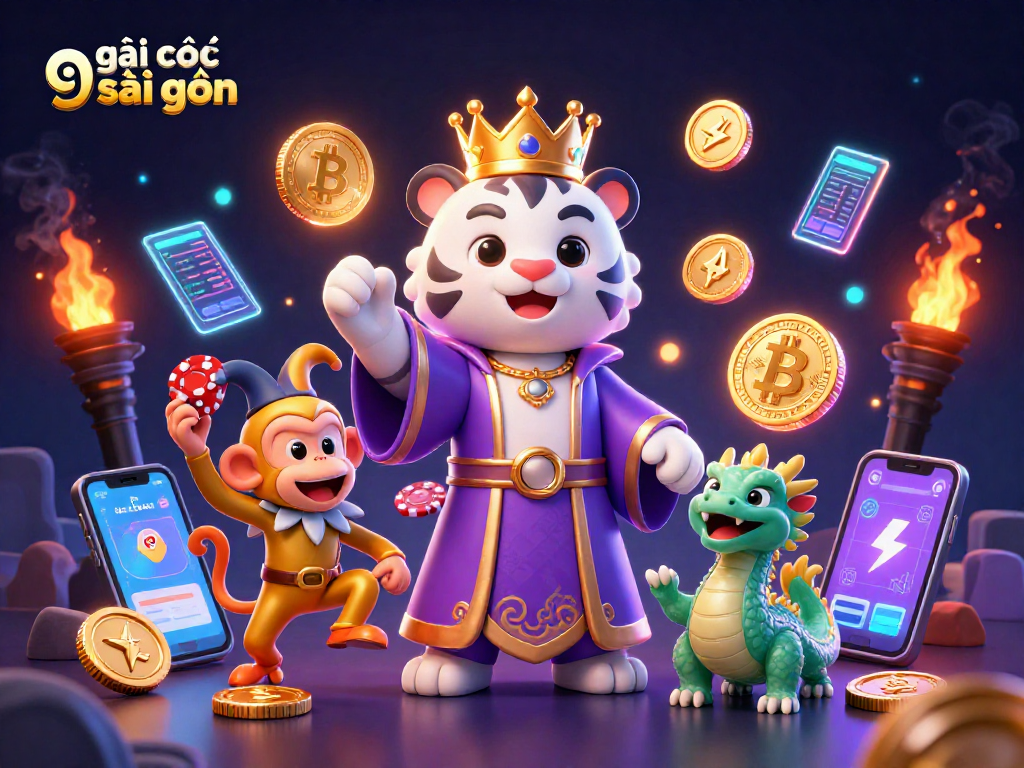 Engage in the excitement of gái gọi sài gòn with vibrant casino characters, poker chips, and crypto elements.