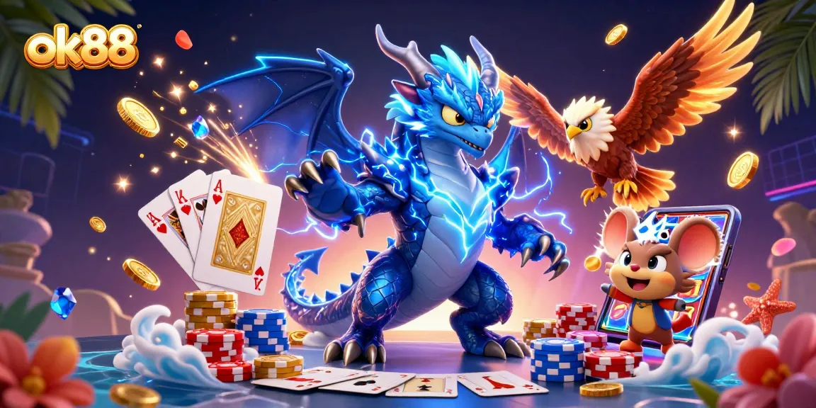 Experience thrilling wins at ok88 with a vibrant 3D casino scene, showcasing dynamic games and rich rewards.