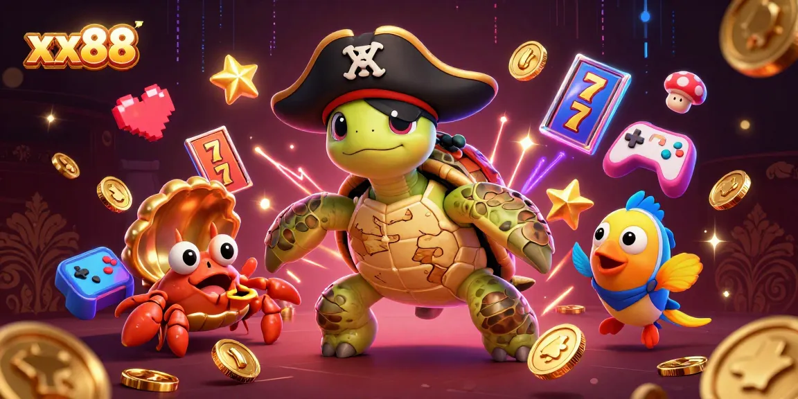 Experience thrill at xx88 with 3D cartoon pirate turtle amidst vibrant slot reels and treasures.
