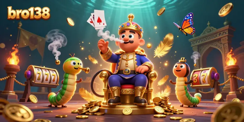 Experience the excitement of bro138 with a vibrant 3D casino illustration featuring slots and poker symbols.