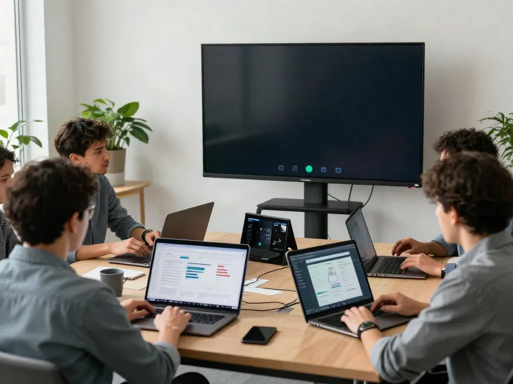 Deepfake-protected meetings in a modern office setting, showcasing a diverse team discussing security strategies.