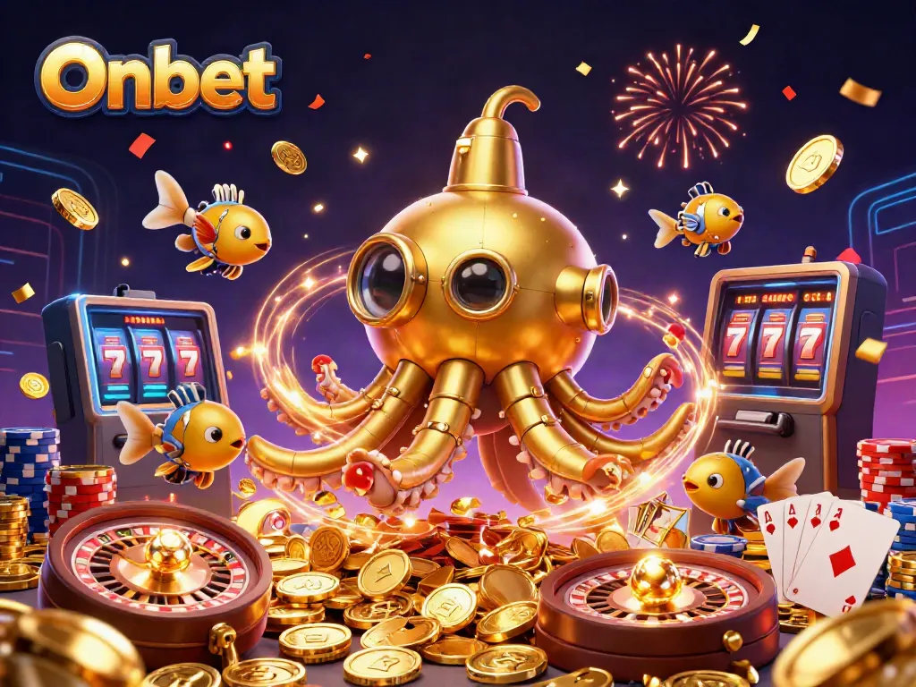 Spin and win with Onbet's golden kraken submarine amidst cascading coins and vibrant casino elements.