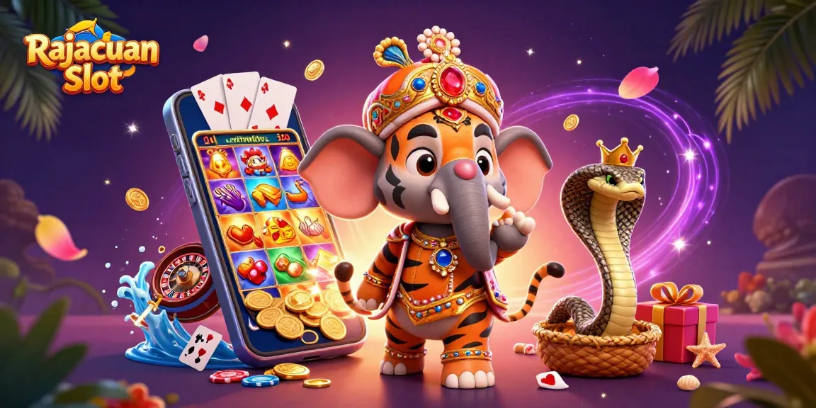 Mainkan Rajacuan Slot dengan kemenangan besar dalam ilustrasi kasino yang meriah.