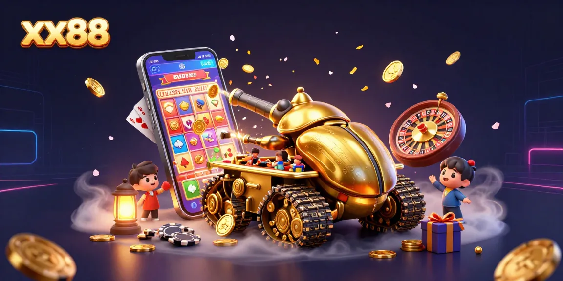 Experience the thrill of xx88 casino gaming with a massive golden beetle tank revealing a miniature casino.