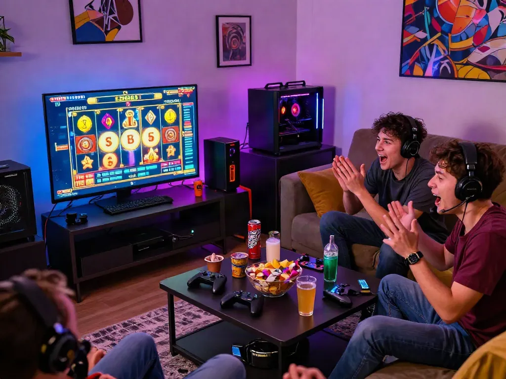 Group of friends celebrating a big win while playing slot gacor in a vibrant gaming setup.
