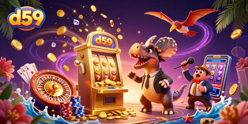 d59 jackpot scene with a cartoon dinosaur winning coins from a slot machine, creating a fun gambling atmosphere