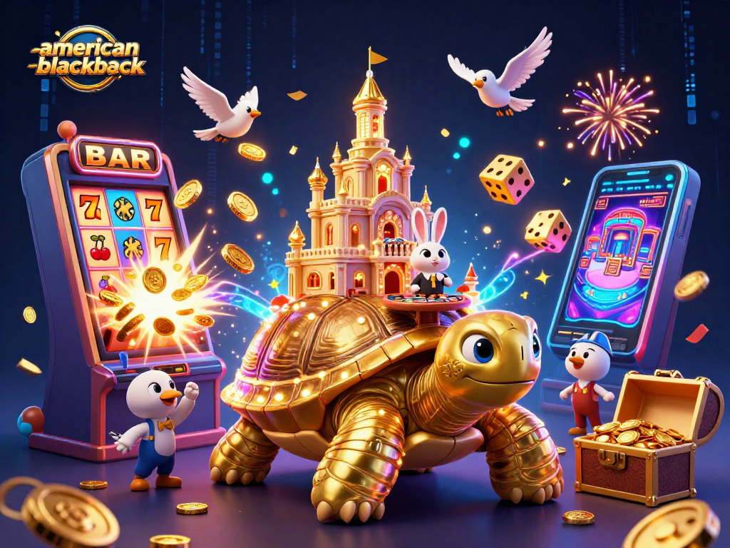Engage in american-blackjack with a rabbit dealer at a dazzling casino scene featuring a golden tortoise and flying coins.