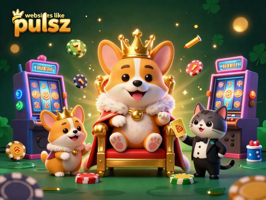 Play exciting games like websites like pulsz, showcasing a royal corgi with poker chips amidst vibrant casino elements.