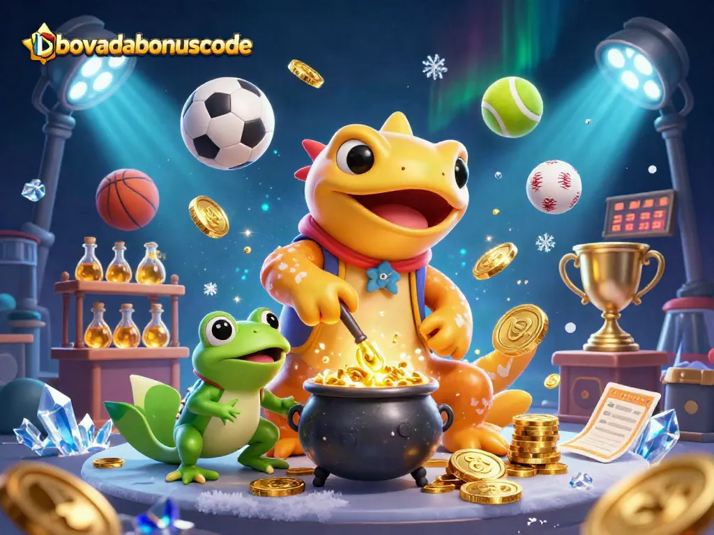 Engage with bovadabonuscode in a vibrant 3D gaming scene filled with alchemists and sports elements.