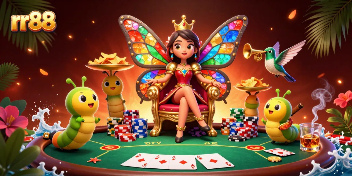 Experience RR88's vibrant gaming world with a colorful butterfly queen and dynamic poker action.