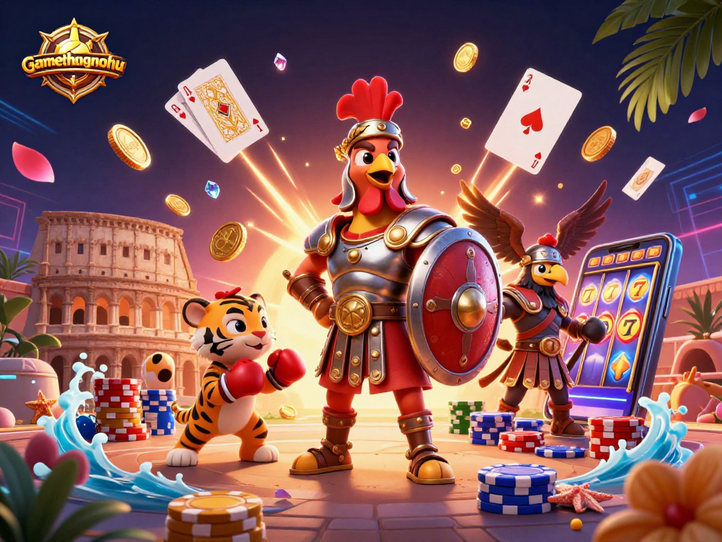 Experience online gaming excitement with gamethuongnohu’s vibrant casino scene featuring a gladiator rooster and dynamic elements.