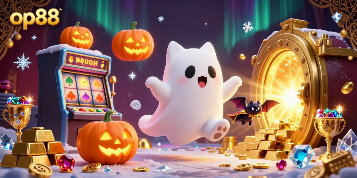 Experience the excitement of op88 with a ghost cat and bat in a haunted casino illustration.