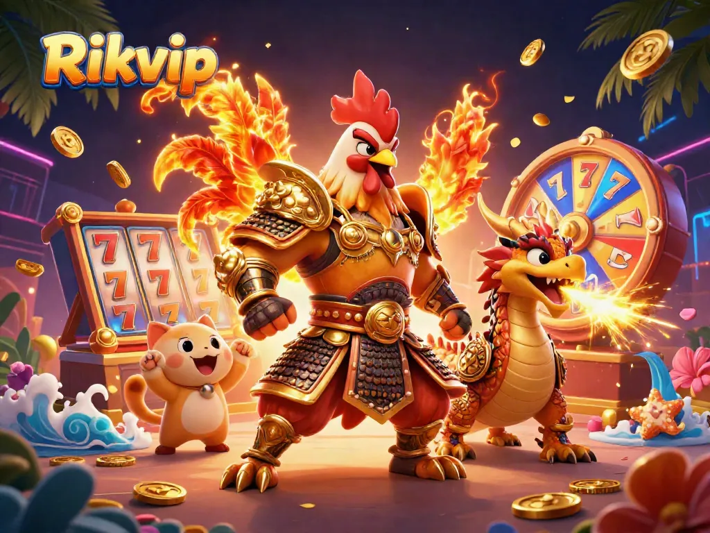 Experience the excitement of Rikvip with a dragon and samurai in a vibrant, dynamic casino scene.