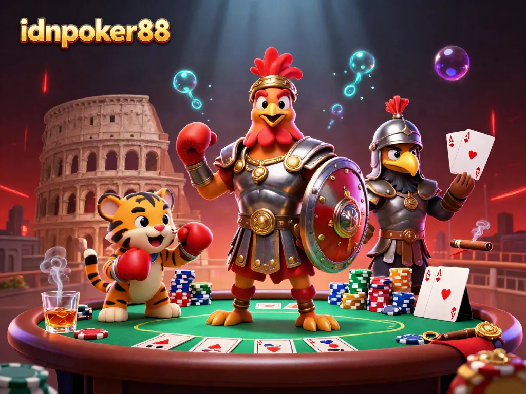 Experience the thrill of idnpoker88 with a powerful poker scene featuring a brave rooster gladiator.