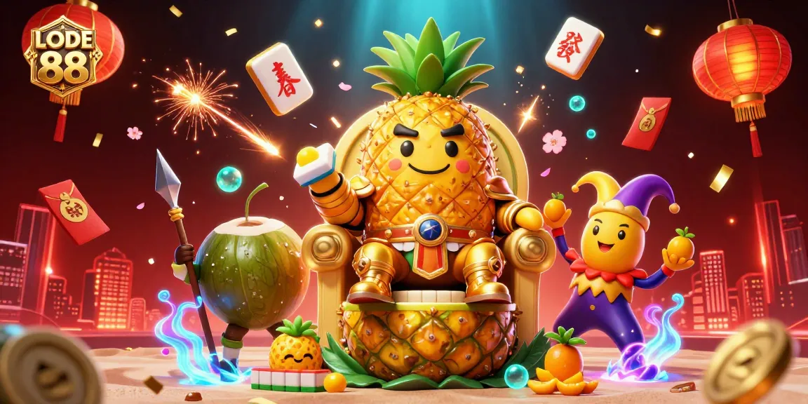 Experience the vibrant world of LODE 88 in this dynamic casino-themed illustration with unique characters and game elements.