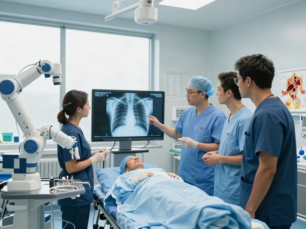 Thoracic surgery specialists examining a patient's chest x-ray in a bright modern operating room.