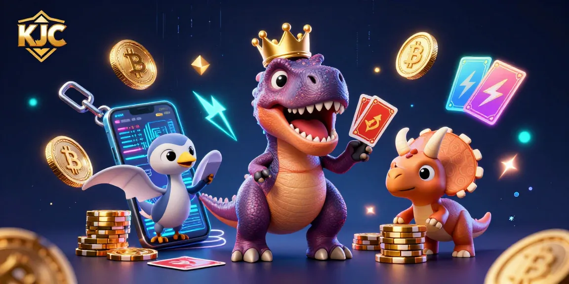 KJC showcases a vibrant scene with a T-Rex shuffling cards while stacking golden chips, embodying the excitement of online gambling.