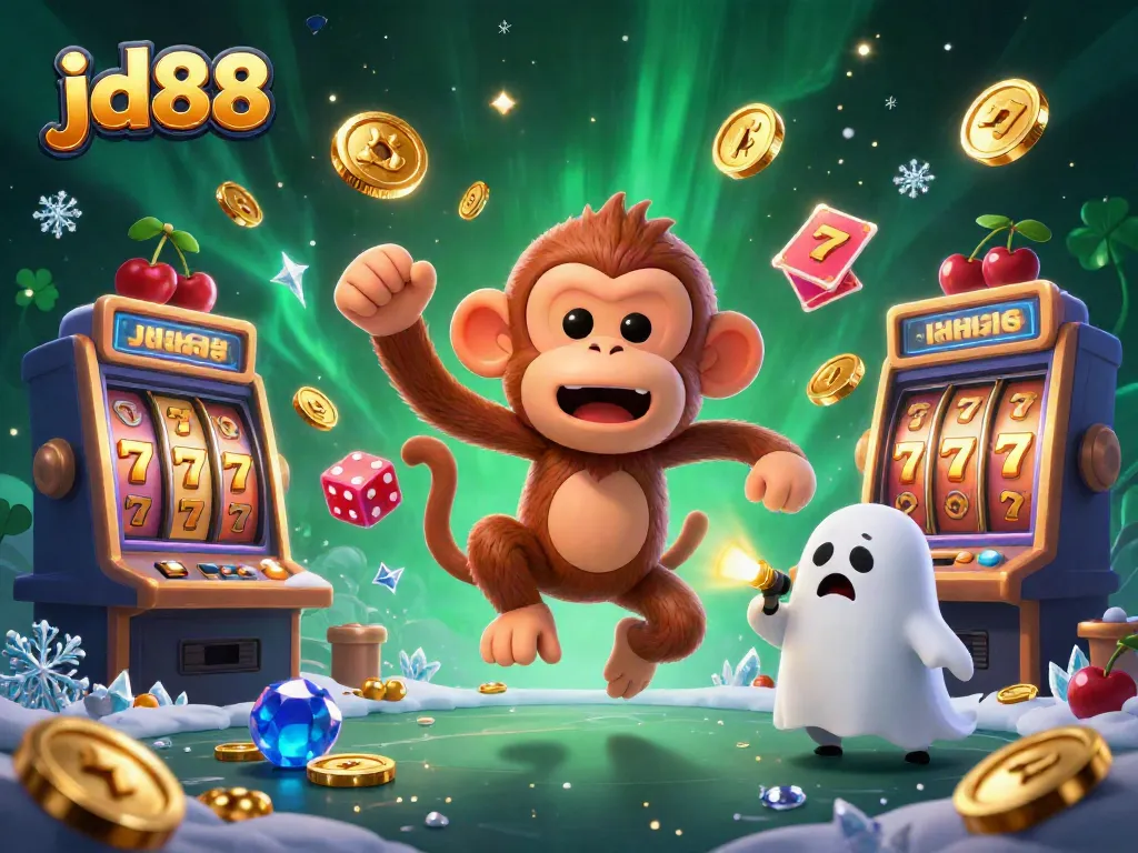Experience the excitement of jd88 in a vibrant casino scene featuring a mischievous monkey and a curious puppy.