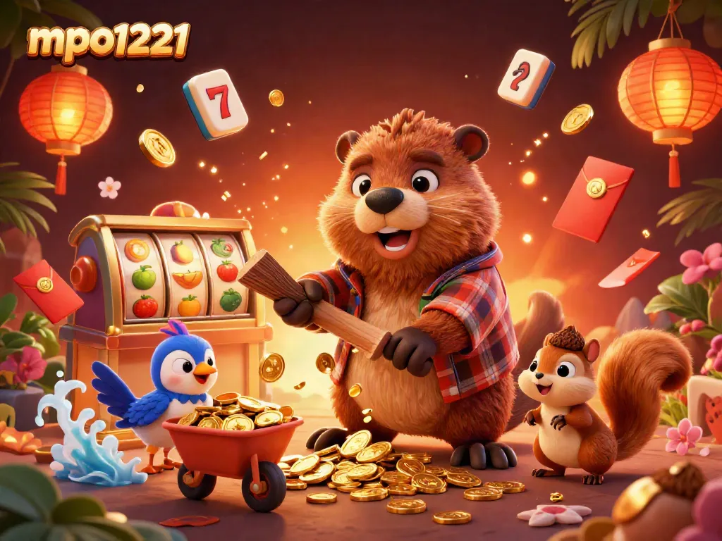 Experience the exciting mpo1221 slot scene with a beaver, bird, and squirrel collecting golden coins.