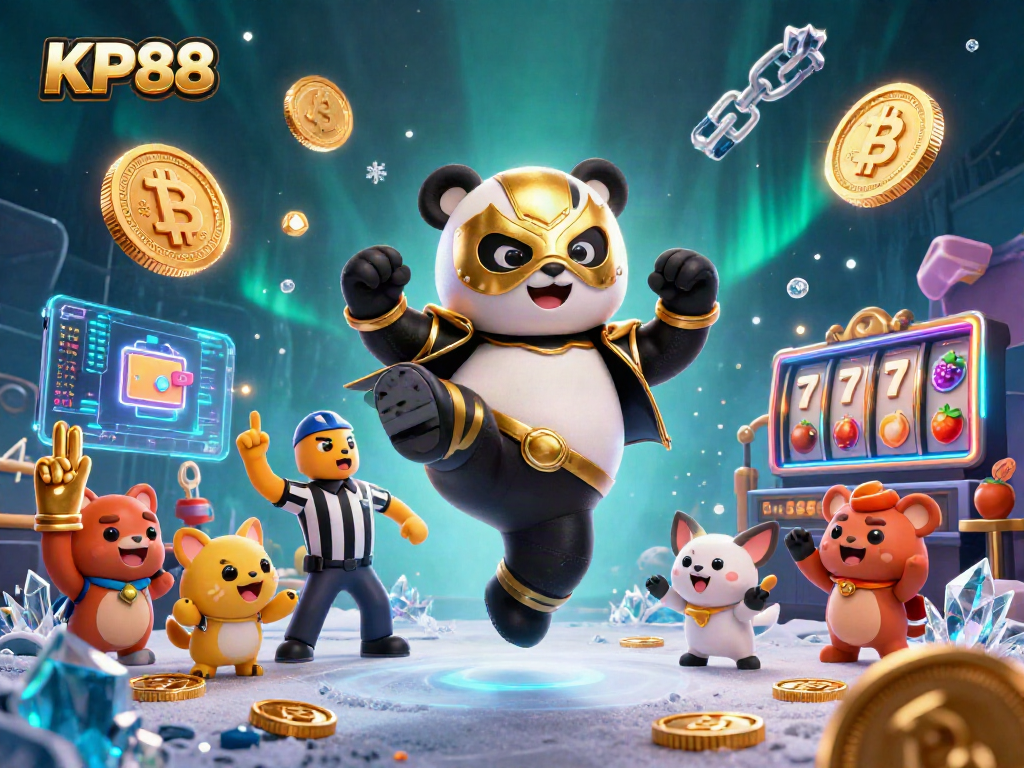 Engage in thrilling KP88 casino gameplay with a vibrant panda wrestler and chihuahua referee.
