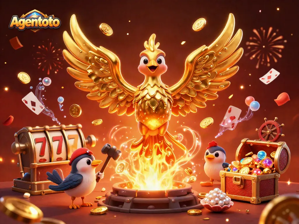 Engage with agentoto's exhilarating gameplay featuring vibrant gold phoenix and slot reels bursting with winnings.