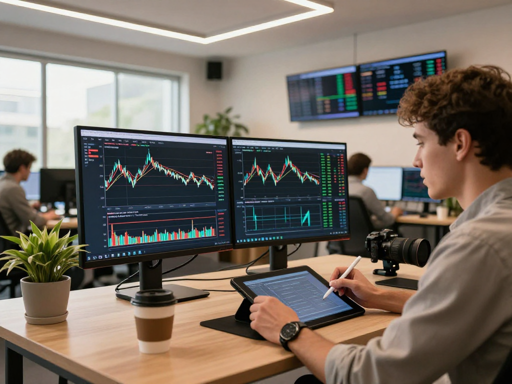 TradingView user analyzing market trends on multiple screens in a modern workspace.