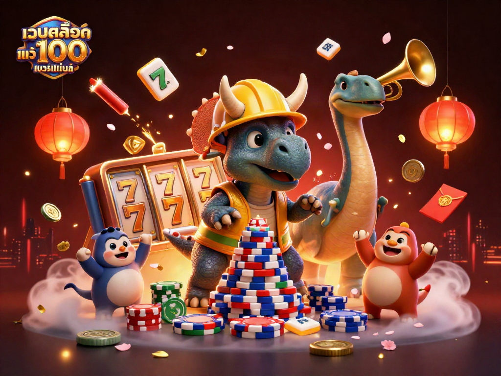 Experience the thrill of เว็บสล็อต แท้ 100 เปอร์เซ็นต์ with dynamic slot games celebrating in a vibrant casino scene.