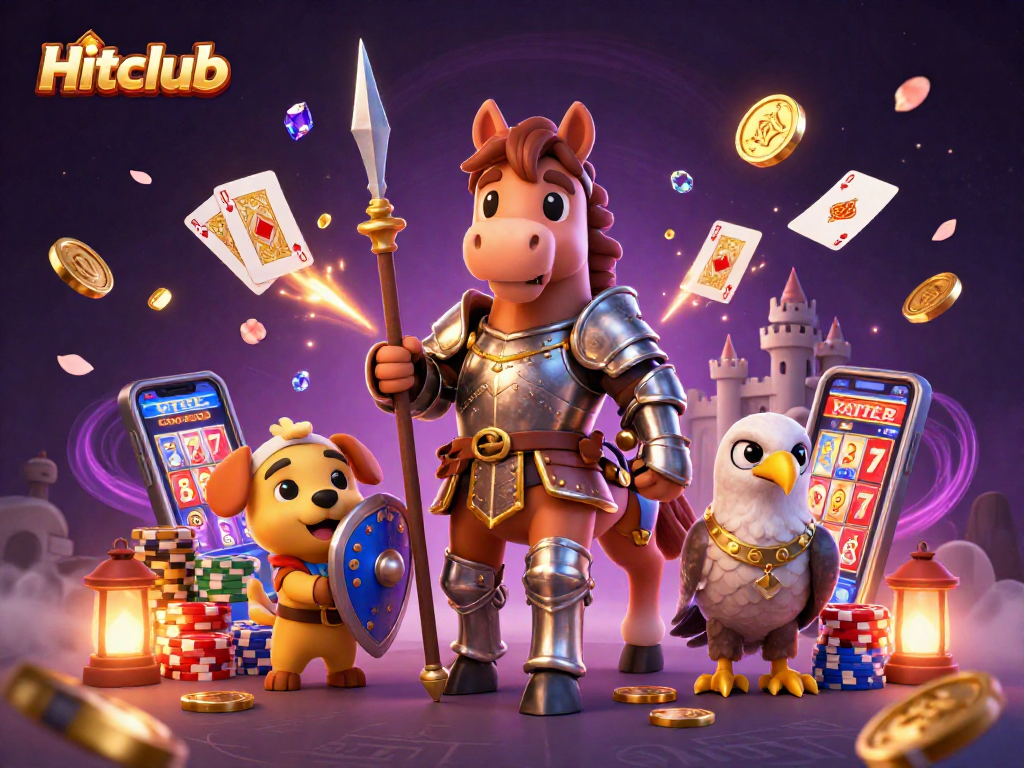 Hitclub features a medieval knight, a squire puppy, and a falcon amid vibrant casino elements.