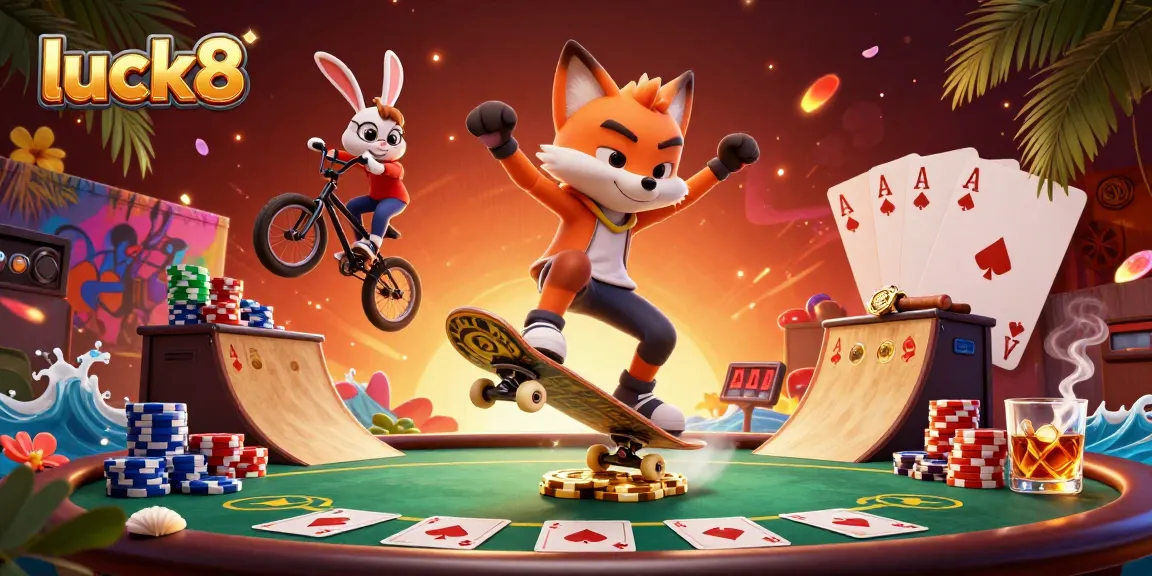 Play and win big at luck8 with a skateboarder fox flipping over poker chips in a vibrant casino scene.