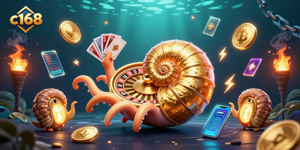 Engage in thrilling gameplay at c168 with a vibrant 3D casino scene showcasing a giant nautilus and crypto elements.