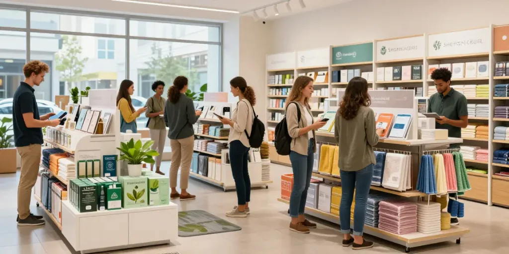 Shopsmart customers exploring eco-friendly products in a modern retail store.