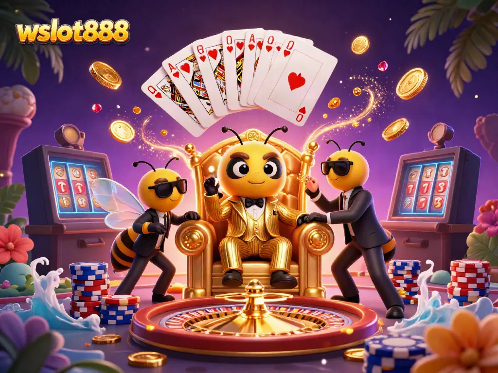 Gambarkan permainan yang menguntungkan di wslot888 dengan boss mob tawon dan elemen permainan kasino yang menakjubkan.