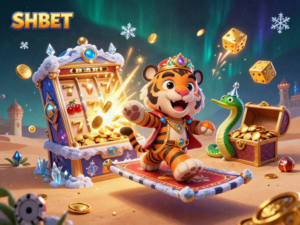 Experience the magic of SHBET with a vibrant casino-themed scene featuring a tiger sultan and a jackpot explosion.