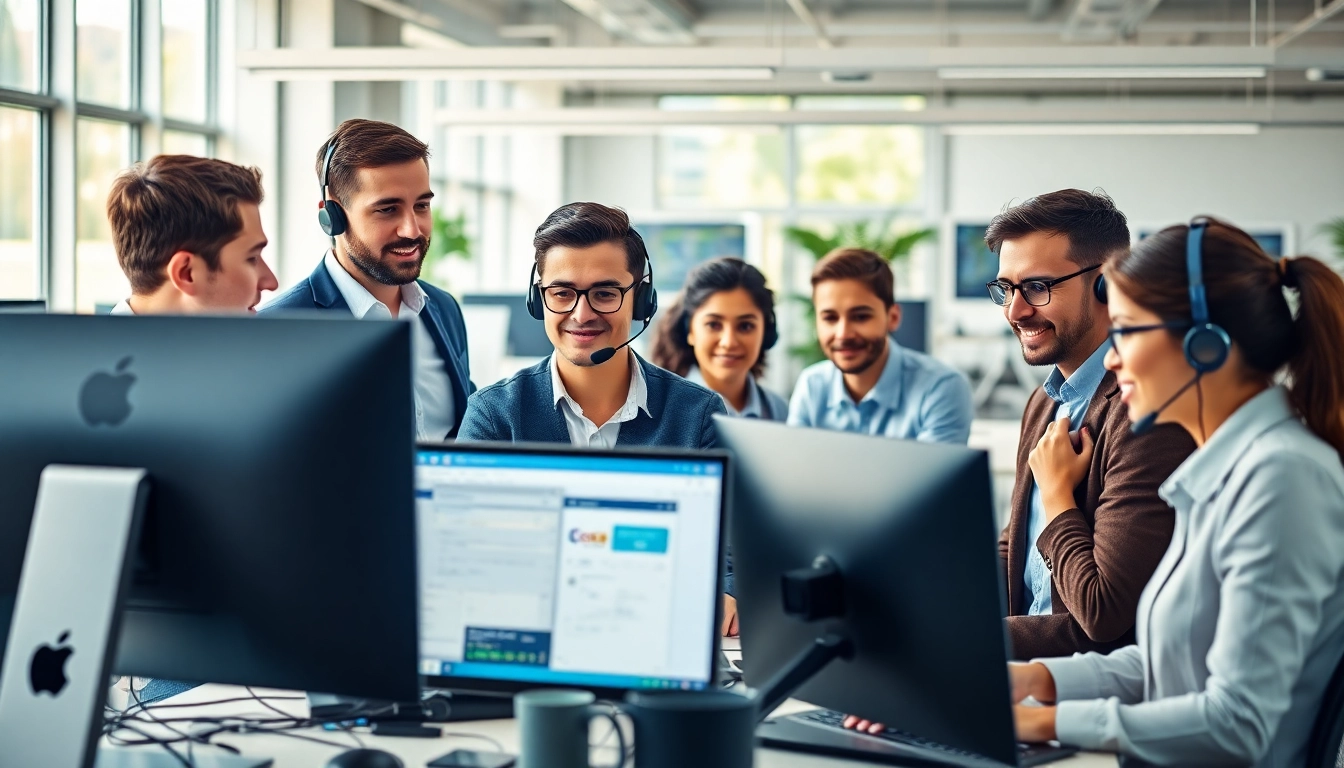 IT business support team working together with technology in a modern office environment.