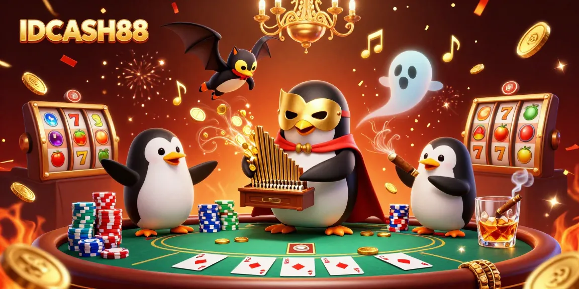 Experience the excitement of IDCASH88 with a vibrant 3D casino scene featuring a penguin, golden coins, and poker action.