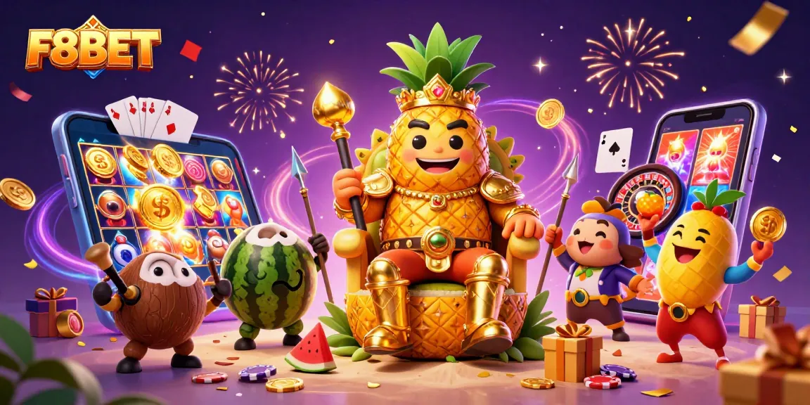Engage with F8BET's vibrant gaming scene featuring a golden pineapple king and exciting slot games!