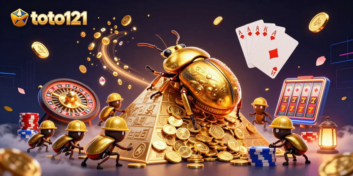 Engage with thrilling gameplay at toto121 featuring a golden dung beetle and coins in a vibrant casino scene.