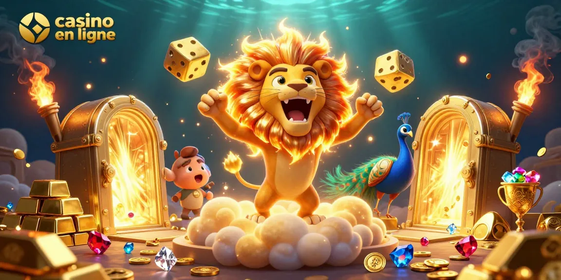 Profitez de notre animation vibrante sur un casino en ligne avec un lion ensoleillé, des pièces et des diamants scintillants.