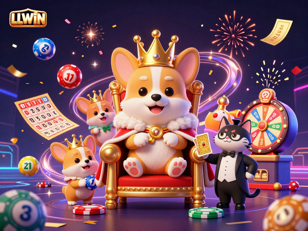 Experience vibrant gaming excitement with LLWIN in an illustrated casino scene with corgis and lottery elements.
