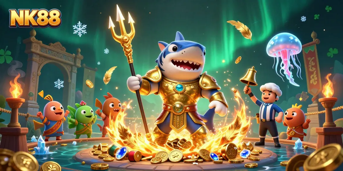 Engage in thrilling gameplay at NK88 with a vibrant 3D underwater casino scene featuring dynamic characters and elements.