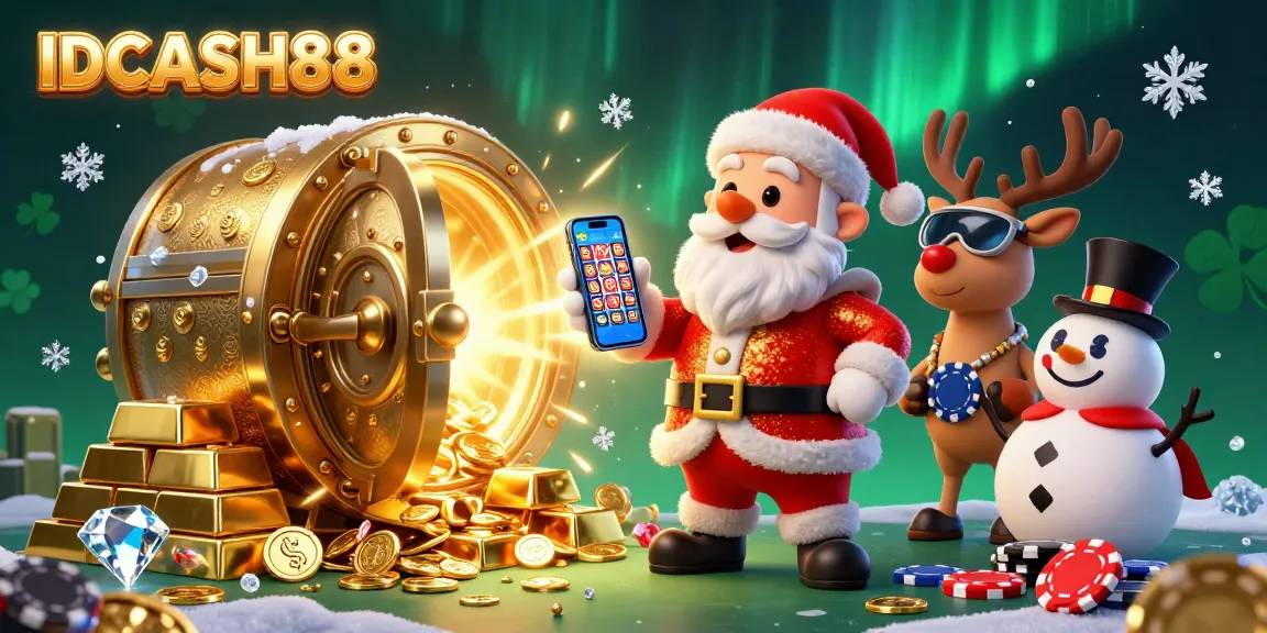 Experience thrilling jackpots with IDCASH88 in a festive 3D casino illustration featuring Santa, a reindeer dealer, and a poker chip snowman.