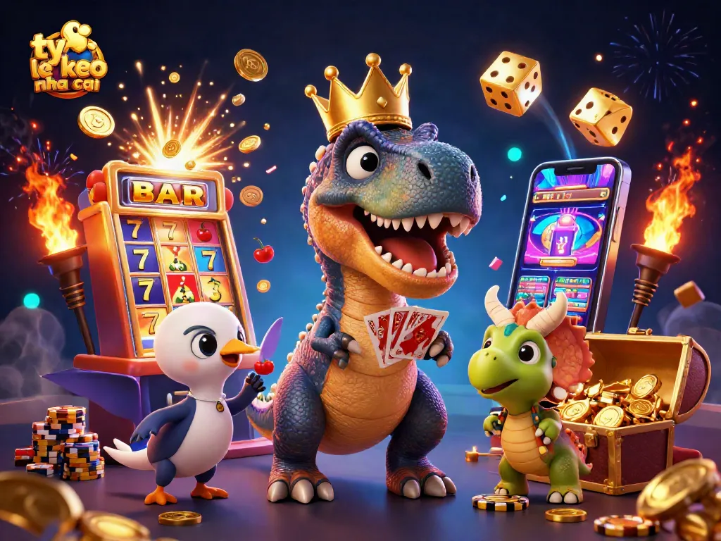 Engage with ty le keo nha cai through vibrant casino elements featuring T-Rex and friends stacking chips and cards