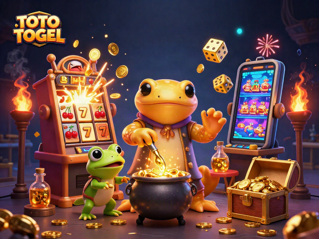 TOTO TOGEL showcases a golden salamander alchemist transforming metals into gold while gambling elements surround them.