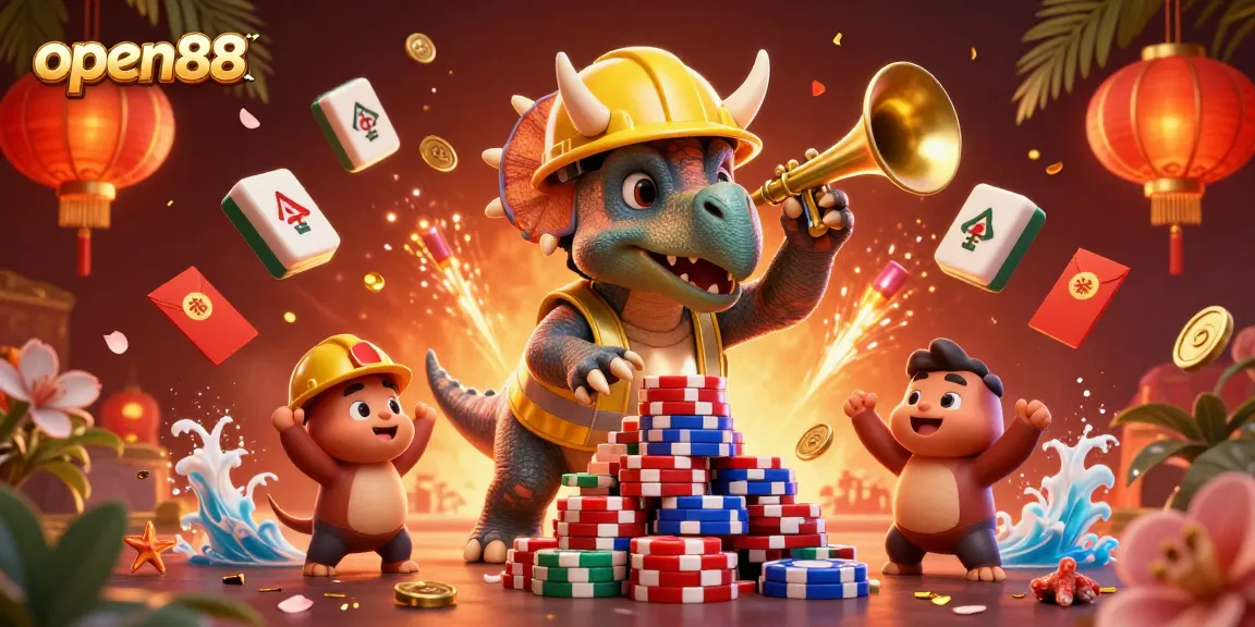 Bet on open88 with vibrant casino elements, featuring a triceratops and festive atmosphere.
